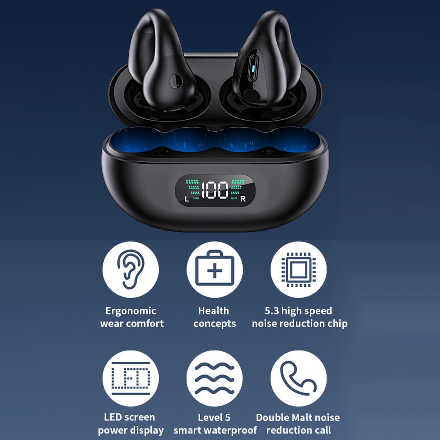 Open-Ear Wireless Headphones Bluetooth Clip On Mini Earbuds Charging Case Ear Buds Sports Bone Conduction Earphones for Workout Driving Walking (Black) image 2
