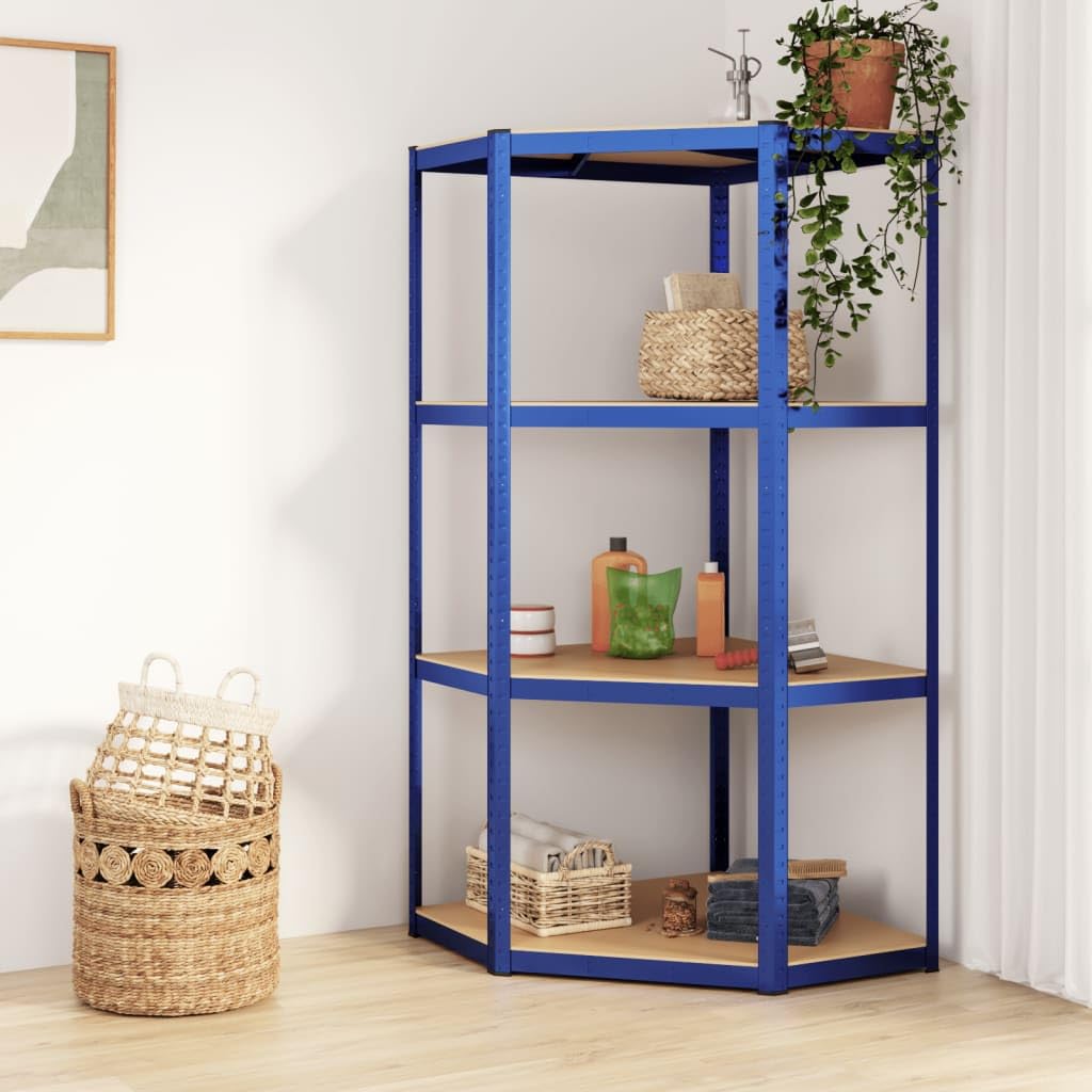 Étagère d'angle à 4 Niveaux Bleu Acier et Bois d'ingénierie,Entreprise & Industrie,Stockage Industriel,Étagères industrielles,12.77 kg-152852