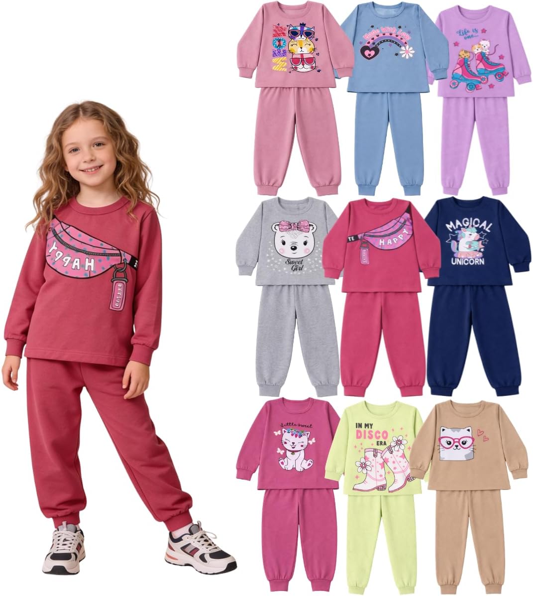 Kit 6 Peças Conjunto Infantil Menina Inverno Para Crianças Frio Premium Feminino Quentinho Bebê Roupa De Criança (3 Moletons + 3 Calças) – 1 A 8 Anos