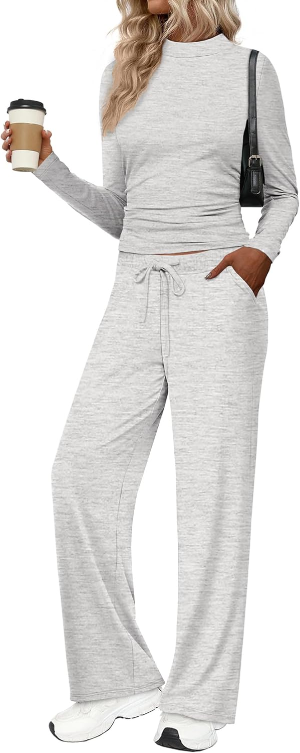 Sampeel Two Piece Lounge Sets for Women Fall Clothes 2025 Comfy 2 Piece Outfits Sweatsuits Trendy Winter Clothing Mock Neck Grey S - Image 2