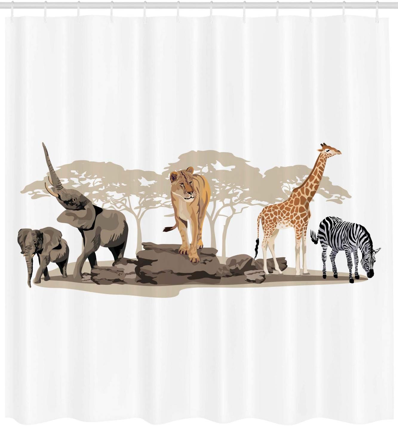 Ambesonne Savannah Shower Curtain, Cartoon Illustration of Wild Savannahs Animals Exotic Giraffe Lion Zebra Print, Cloth Fabric Bathroom Decor Set with Hooks, 69" W x 84" L, Brown Beige