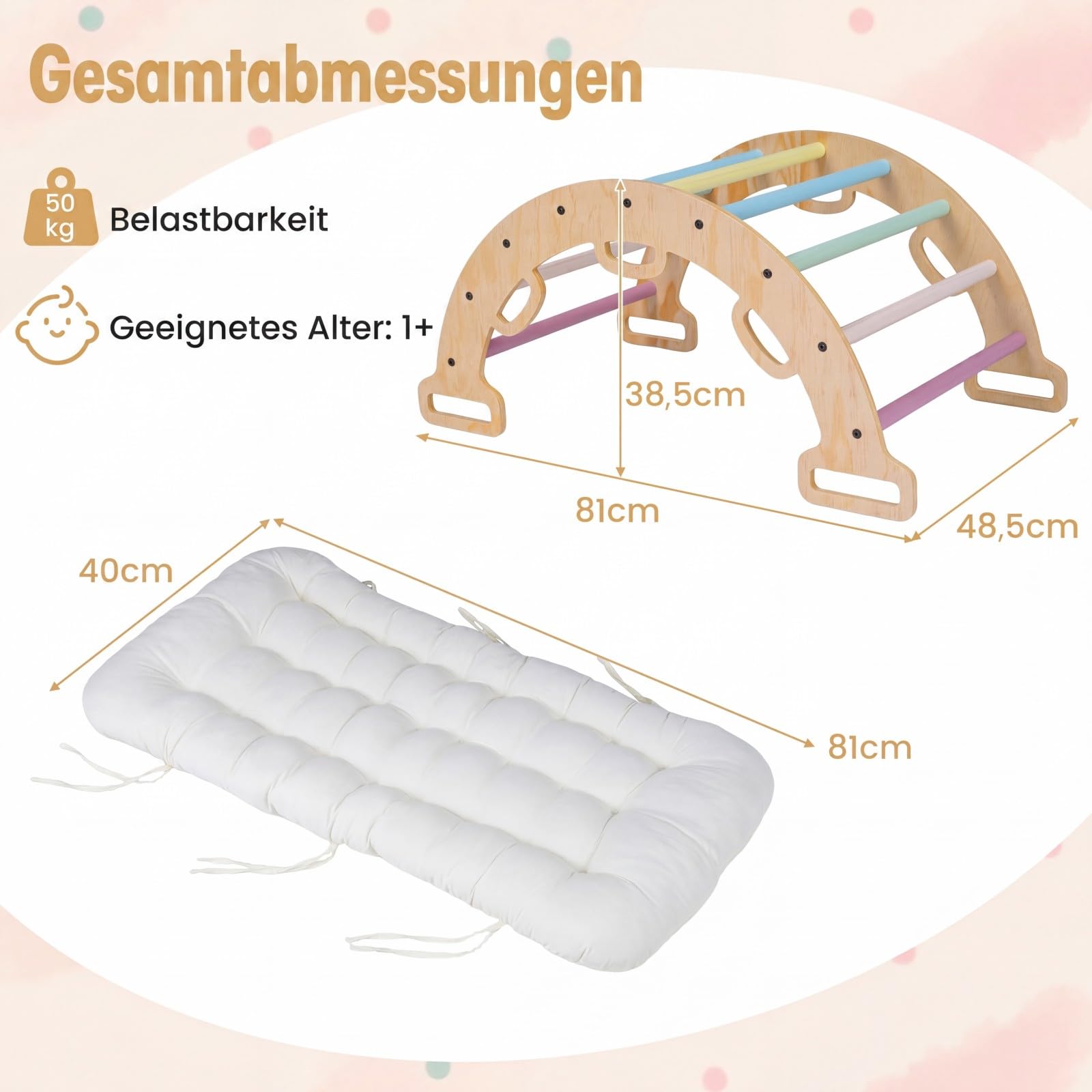 COSTWAY Kletterbogen Holz mit Kissen, Montessori Kletterwippe, Kletterdreieck zum Wippen, Klettern und Krabbeln, Bogenwippe, Regenbogen, Indoor Klettergerüst für Kinder ab 3 Jahre (Macaron)