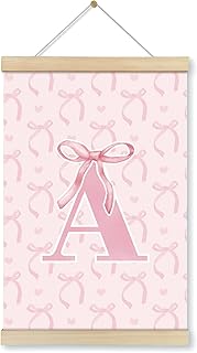 Locomiss Coquette Pink Bow Preppy Girly Wall Art With Wooden Poster Hanger Frame, Pink Preppy Initial A Room Decor, Coquette Trendy Wall Decor Poster for Girls Room Bedroom Dorm, 12x16 Inch