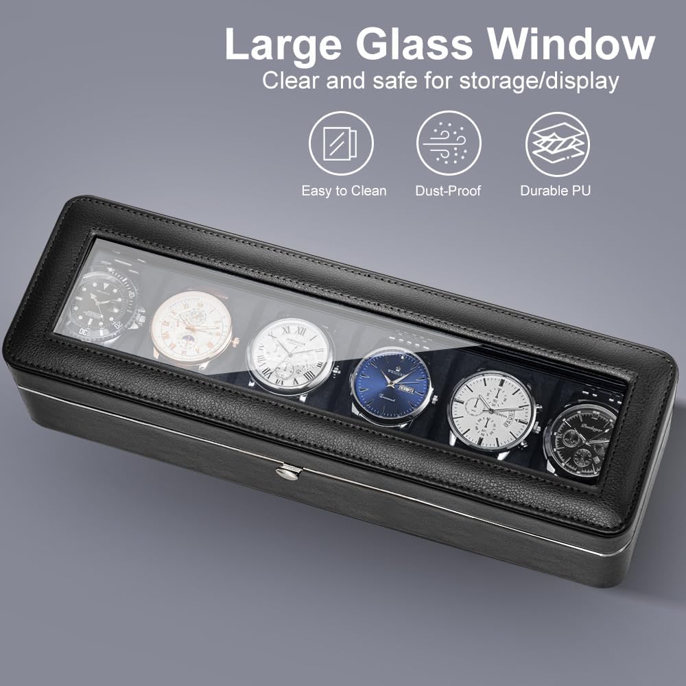 Styleys Caja de reloj de 6 ranuras en piel sintética, organizador de exhibición forrado de terciopelo con tapa de cristal, W-155B, color negro
