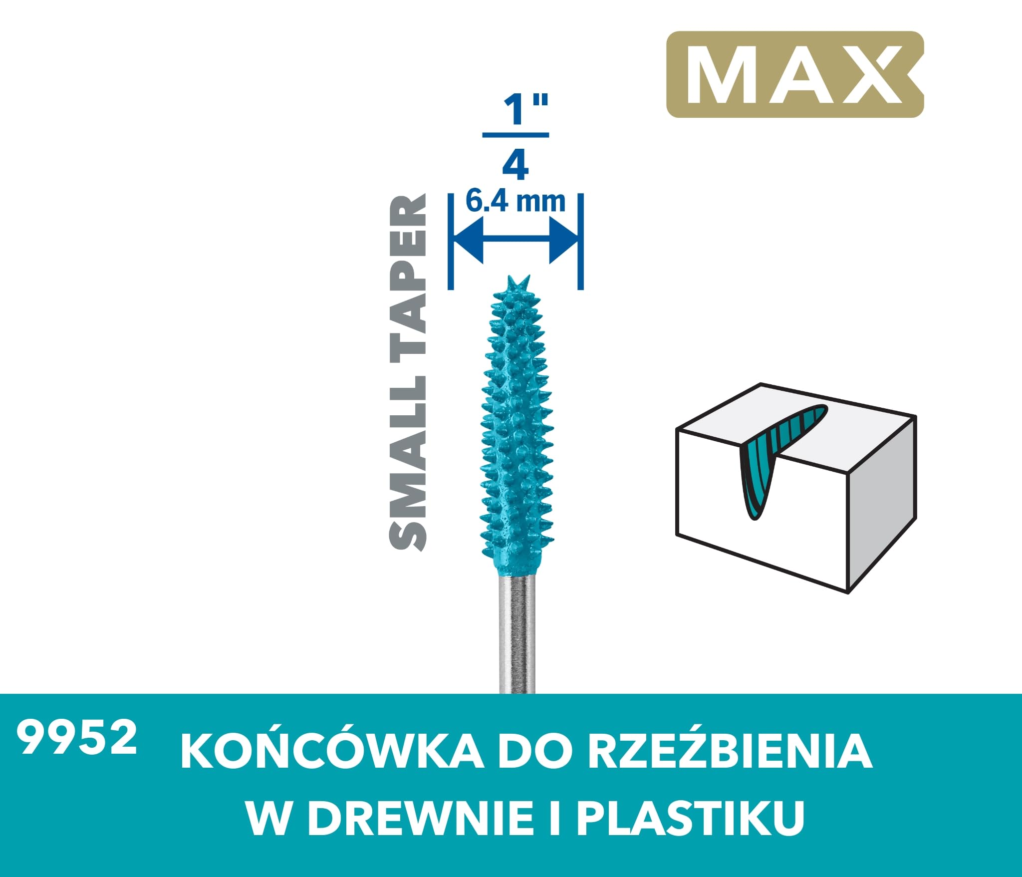 Dremel MAX High Performance Power Carving Bit (9952), materiał stal nierdzewna, 6,35 mm szerszy "stożek" do rzeźbienia głębokich otworów w drewnie, tworzywie sztucznym, piance EVA i gumie. Część