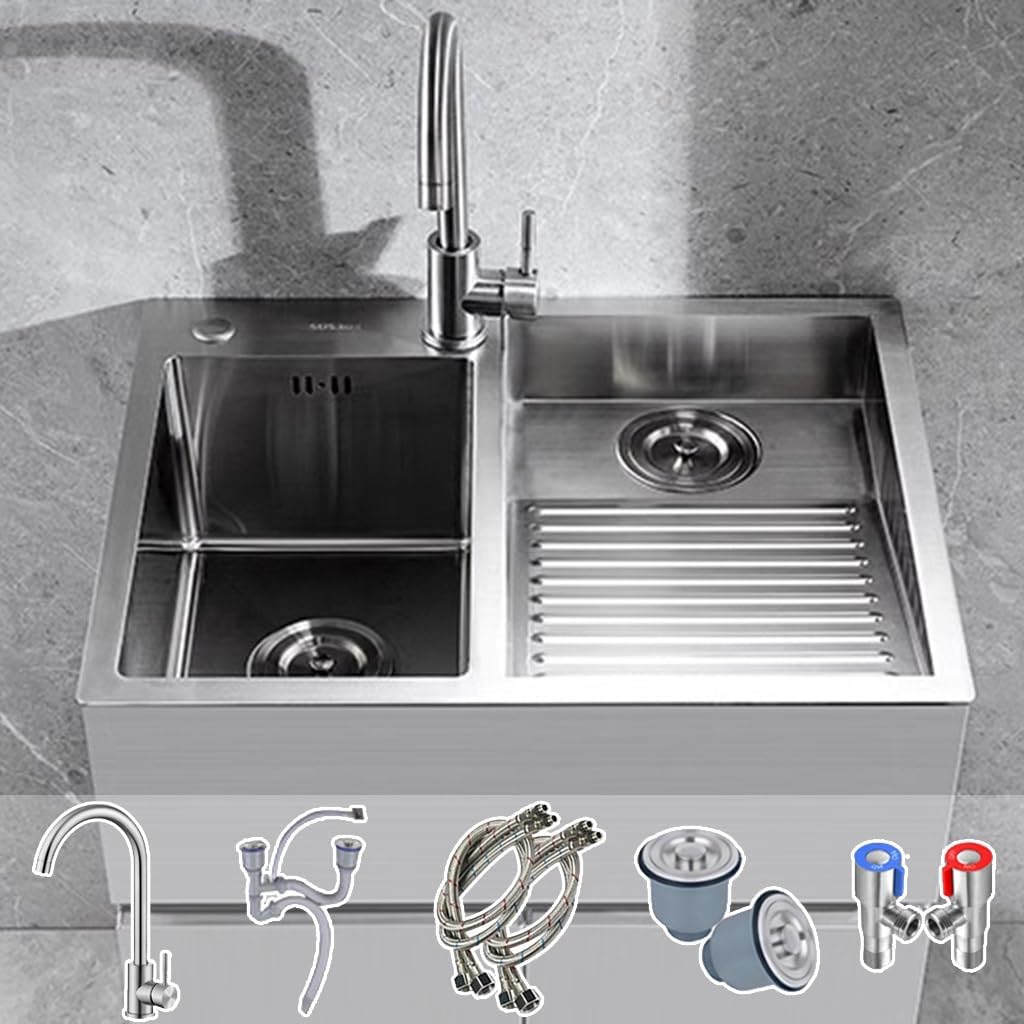 SUS304 Stainless Steel Kitchen Sink With Washboard Multifunctional Bar Sink Household RV Sink With Large Bend Faucet For Laundry Room Garage Basement Outdoor And Indoor ( Color : Silver , Size : 60x48