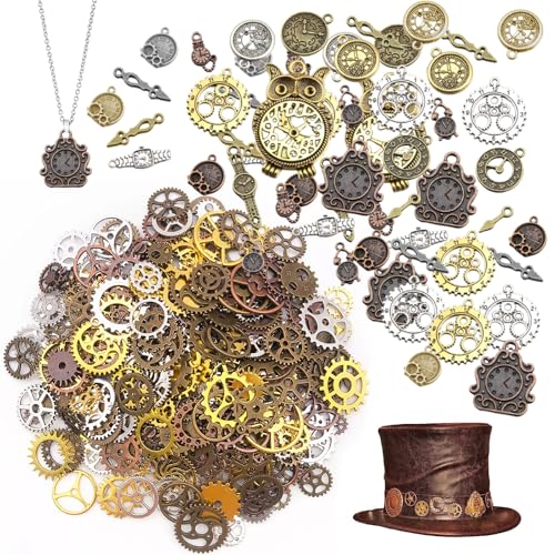 KALUROIL Steampunk Zubehör Set – DIY Schmuck & Dekoration – Retro Zahnrad Anhänger, Totenkopf Pendel – Für Armbänder, Ketten, Schlüsselanhänger, Handwerk – 100g Set