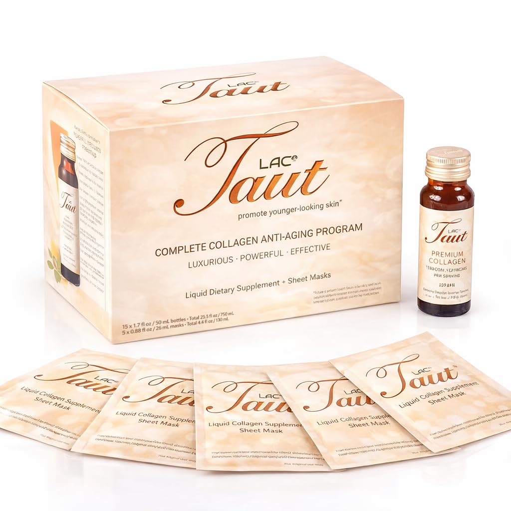 TAUT Marine Collagen Drink & Face Mask – 13,000mg Hydrolyzed Collagen Protein with Hyaluronic Acid for Youthful, Radiant Skin – Includes 15 Bottles and 5 Masks (30-Day Supply)