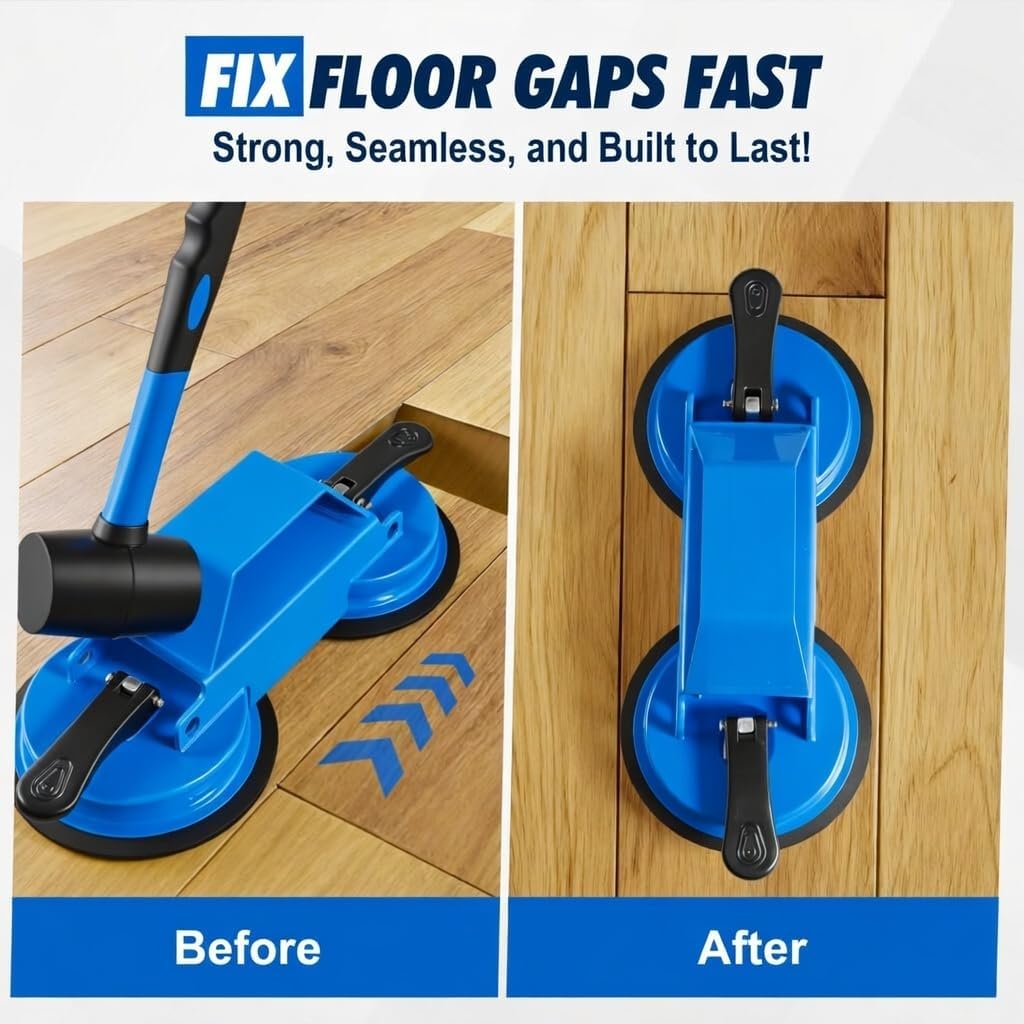 Floor Gap Fixer Tool with Dual Silicone Suction Cups & Rubber Hammer – 45° Angled Striking Surface, Includes Adhesive Pads – for Laminate, Vinyl Plank, SPC & Engineered Hardwood Floors