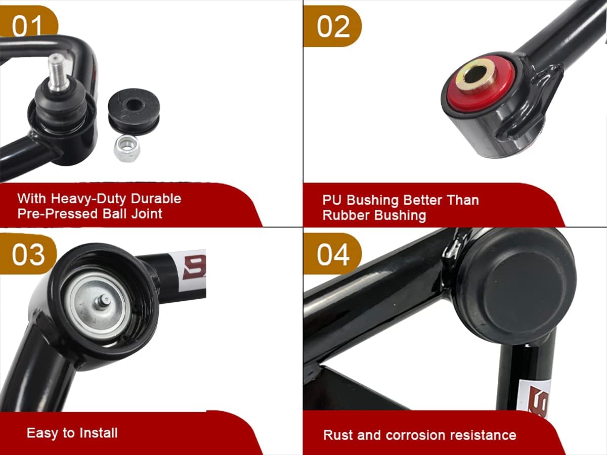Pair Set Front Upper Control Arms for 2-4” Lift Compatible with 2000-2006 Toyota Tundra / 2001-2007 Sequoia Tubular Leveling Lift Ball Joint Kit w/Pu Bushings