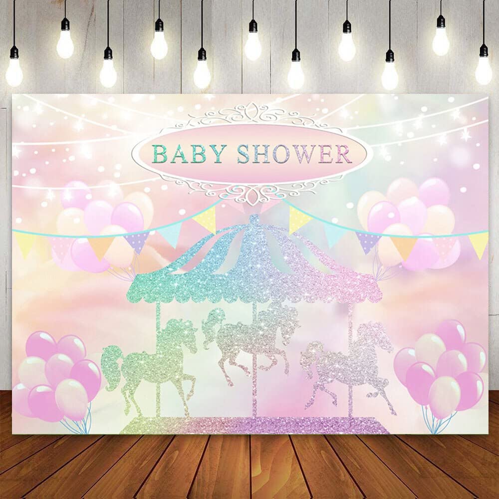 Sweet Carousel Baby Shower Backtelón de Fondo para niñas Fiesta de cumpleaños Banner Poster Poshoot Rosa Púrpura Purpura Pografía Antecedentes