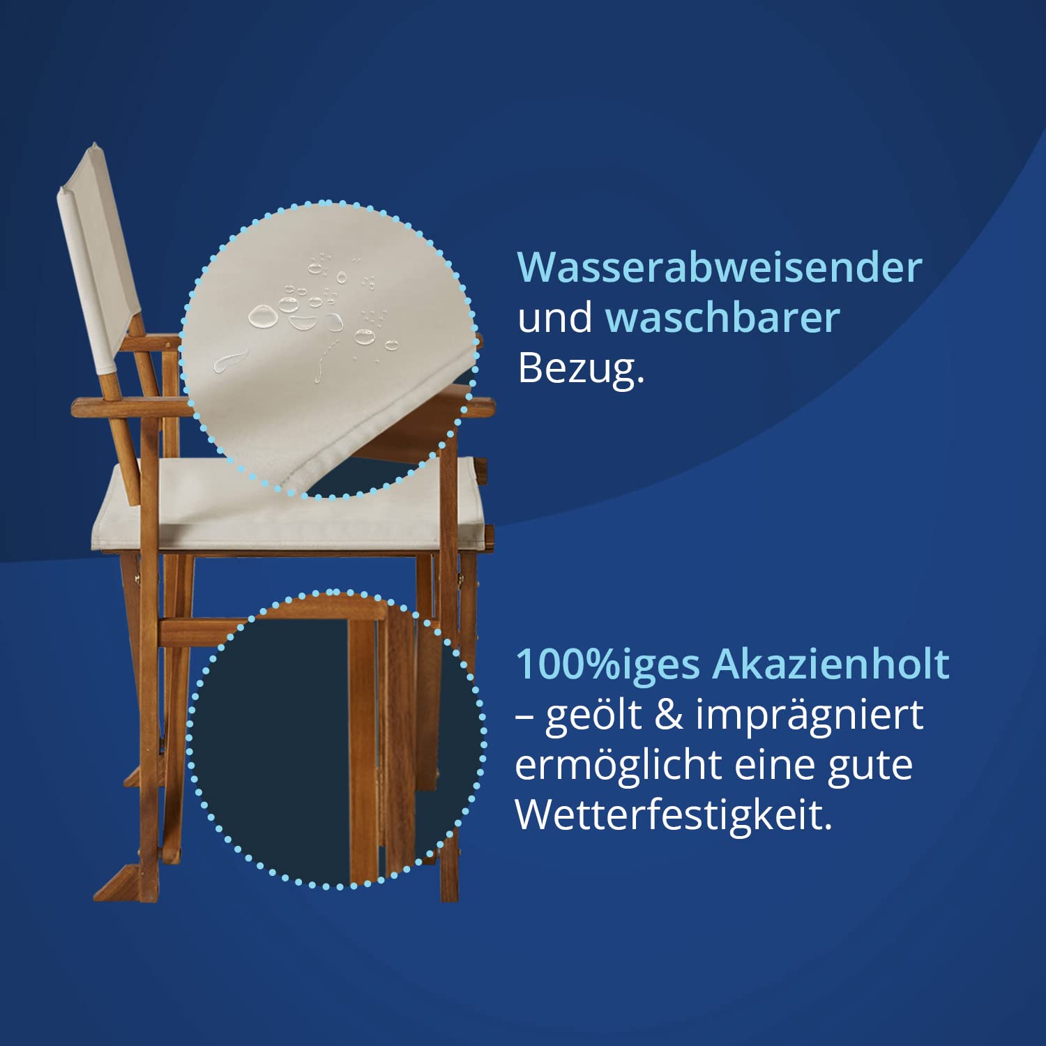 KHG Balkonstuhl 2er Set aus echtem Akazienholz geölt Regiestuhl mit Armlehnen 100% Polyesterbezug in Creme, wetterfest, platzsparend klappbar, 120kg belastbar