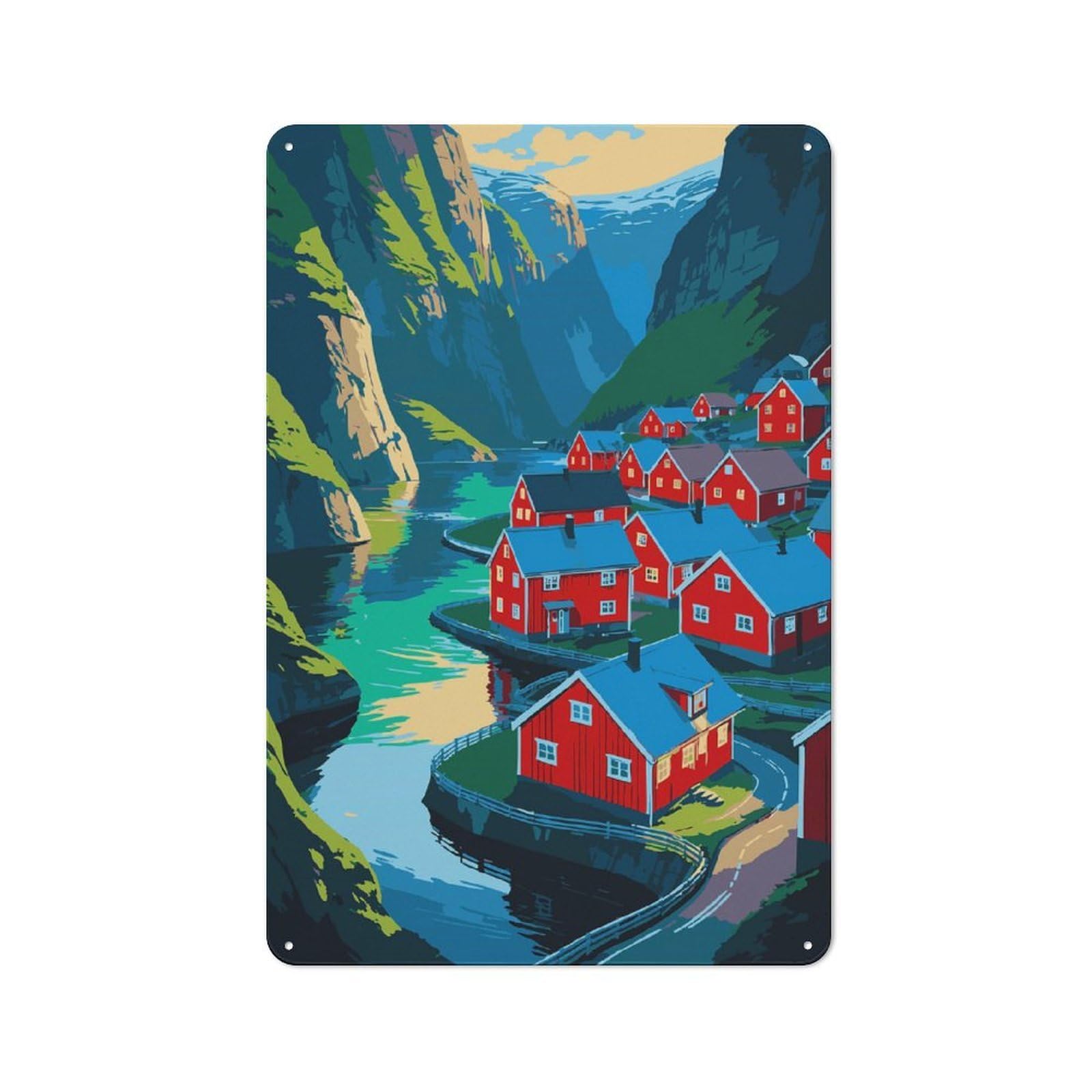 Junmoney Style-20 Metal Wall Sign 30X20cm Featuring Colorful Fjord Village Illustration For Bar Or Restaurant, Gift For Bar Decor Enthusiasts During The Christmas Season