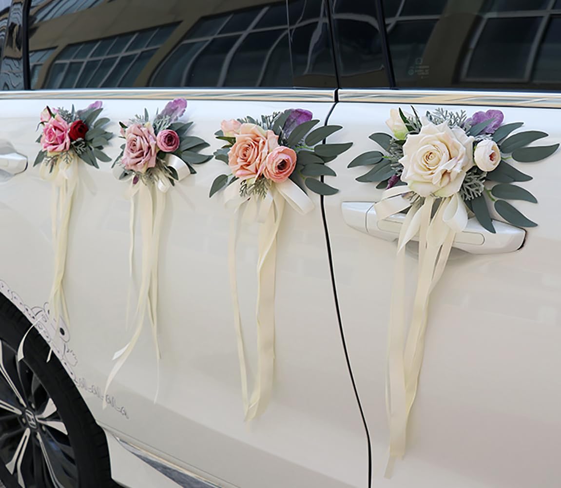 Seidenblume Autoschmuck Hochzeit Auto Car Türgriffleiste Rückspiegel Motorhaube Dekoschleife Autoschleifen Vintage Hochzeits Künstliche Blume mit Saugnäpfen Hochzeitsauto-Deko Cremeweiß 6 Stück