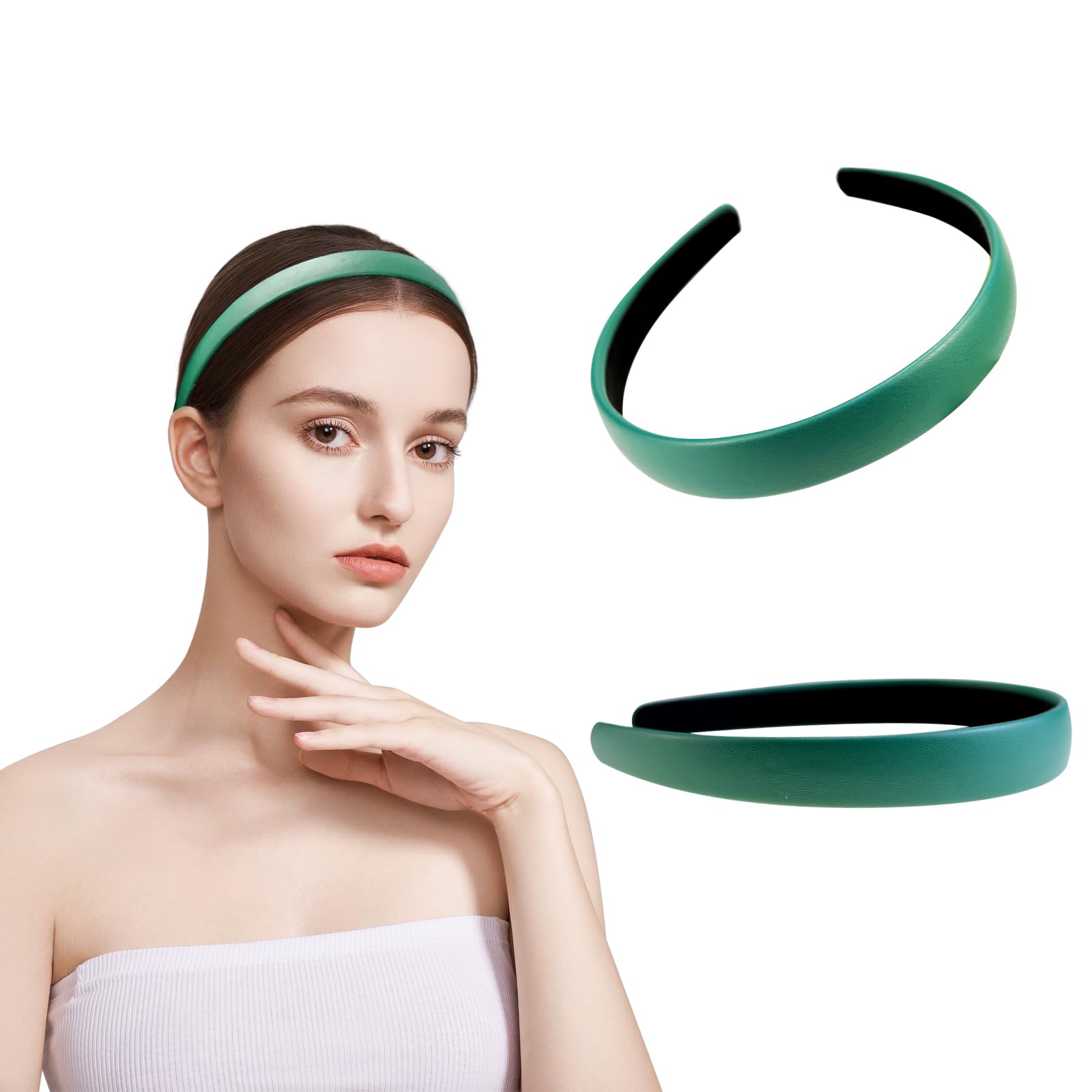 Ptrin PU Headband,0.8 Inch Wide Satin Headbands for Women's Hair,Non Slip Solid Hair Bands Hair Accessories Cosplay DIY Holiday Head Band,4 Pack(PU leather+white+green+black+red) - Image 2