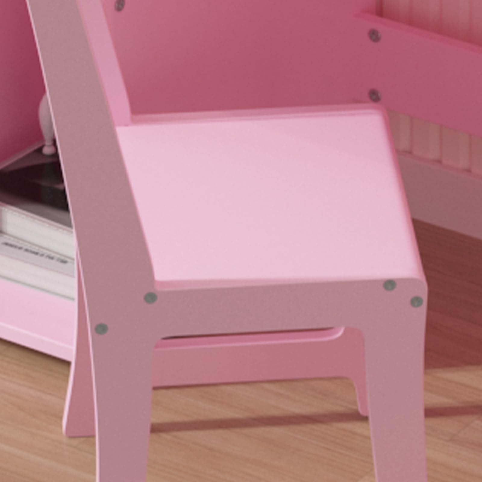 Set di tavolo e sedia da trucco principessa per ragazze, scrivania in legno per bambini con specchio illuminato pieghevole in tre parti, cassetto portaoggetti, piano staccabile, sedia con