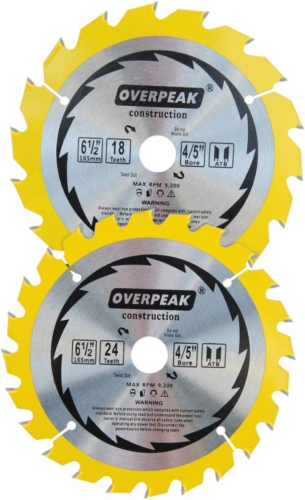 Overpeak 6-1/2-Inch Circular Saw Blade with 18 and 24 Tooth Cutting Precision Finishing Woodworking Saw Blades, for Soft&Hard Wood Cutting, 2-Pack