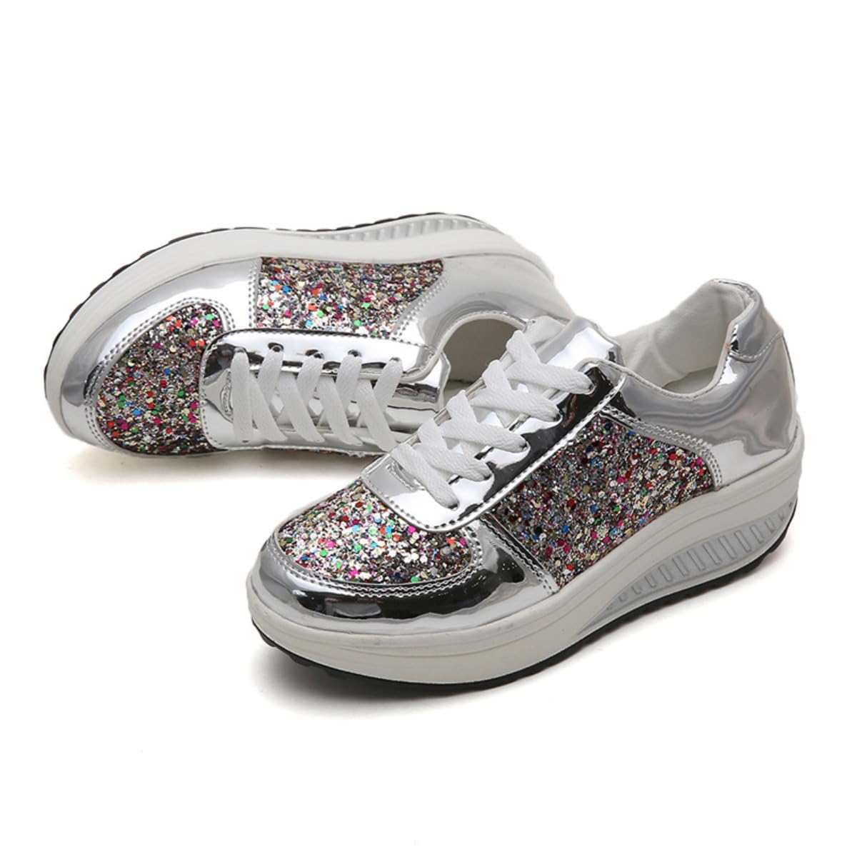 Scarpe da ginnastica da donna con zeppa glitterata, con lustrini, con lacci, eleganti, lucide, casual, per feste, festival, uso quotidiano