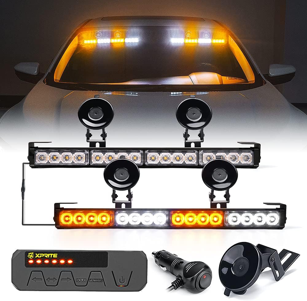 Xprite Emergency Traffic Advisor Strobe Dual Light Bar, White Amber LED