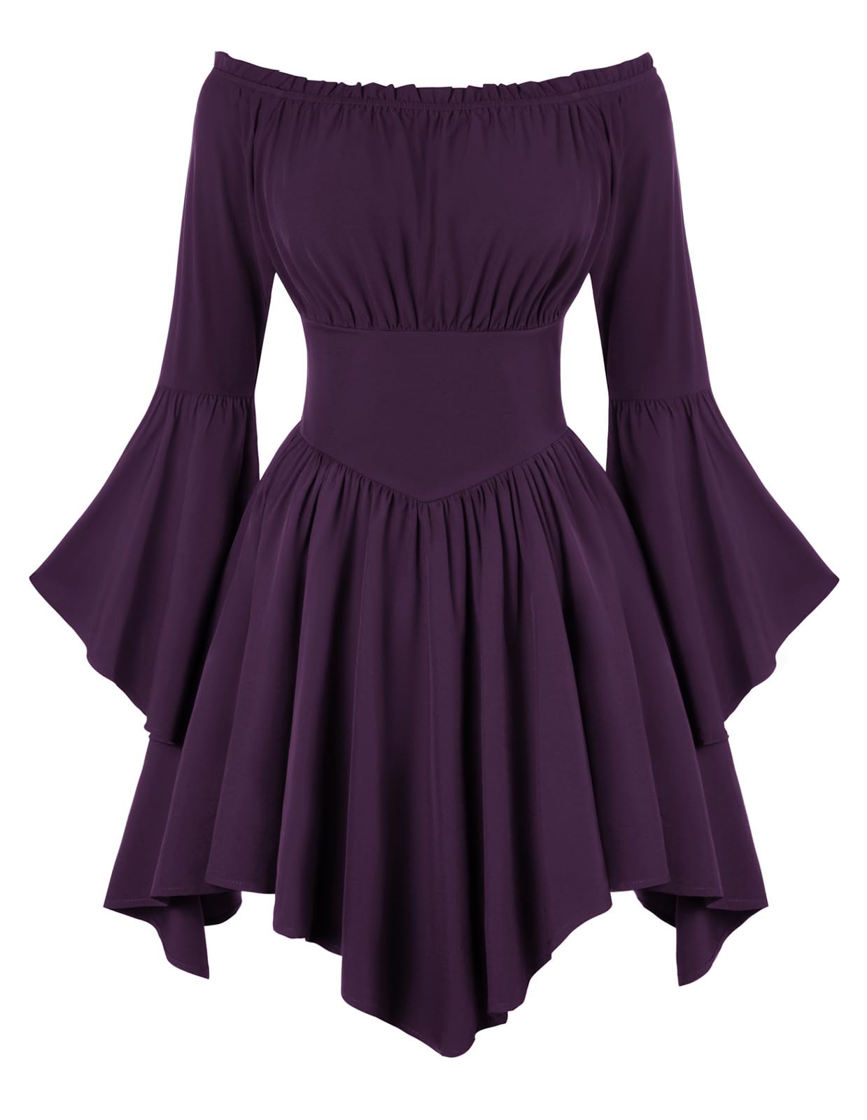 Scarlet Darkness Women Renaissance Costume Dress Off Shoulder Bell Sleeve Handkerchief Dress, Purple, S — image 1