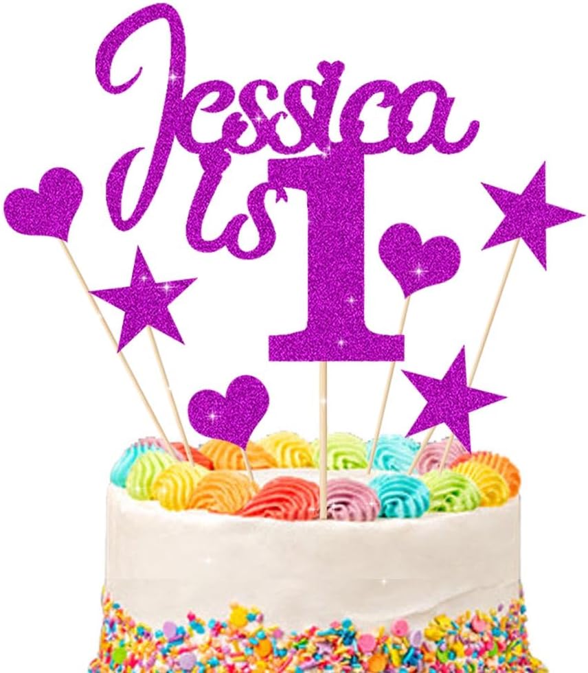 1st Birthday Cake Topper | Personalised 1 2 3 Cake Topper | Happy Birthday Decorations | Double Sided Glitter Card Any Name Age Customized - Multicolour Glitter Cake Decoration(Purple)