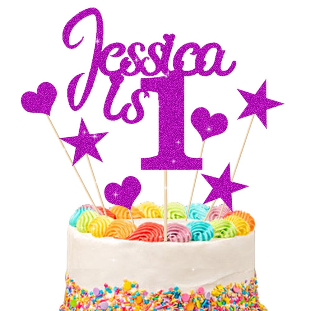 1st Birthday Cake Topper | Personalised 1 2 3 Cake Topper | Happy Birthday Decorations | Double Sided Glitter Card Any Name Age Customized - Multicolour Glitter Cake Decoration(Purple)