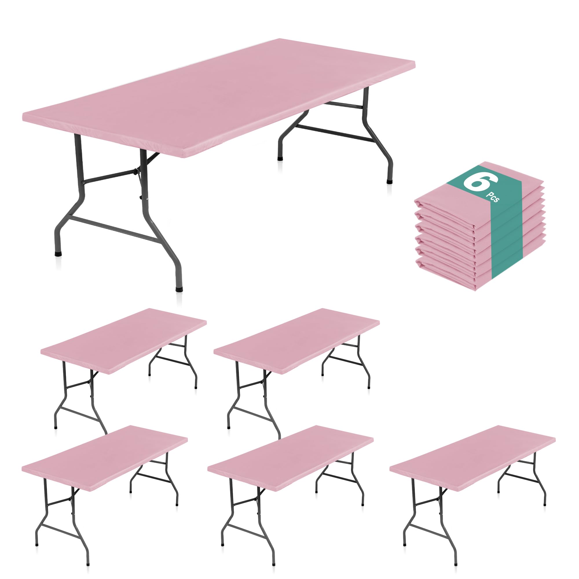 Photo 1 of LUSHVIDA 6 Packs Vinyl Tablecloths with Flannel Backing for 6ft Rectangle Folding Table Cloths - Waterproof Plastic Picnic Table Covers with Elastic Corners, 30x72 inch, Pink