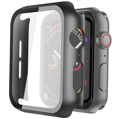 2 Pack Hard PC Case with Tempered Glass Screen Protector Compatible with Apple Watch SE 3 (2025) SE 2 SE Series 6 Series 5 Series 4 44mm, Black