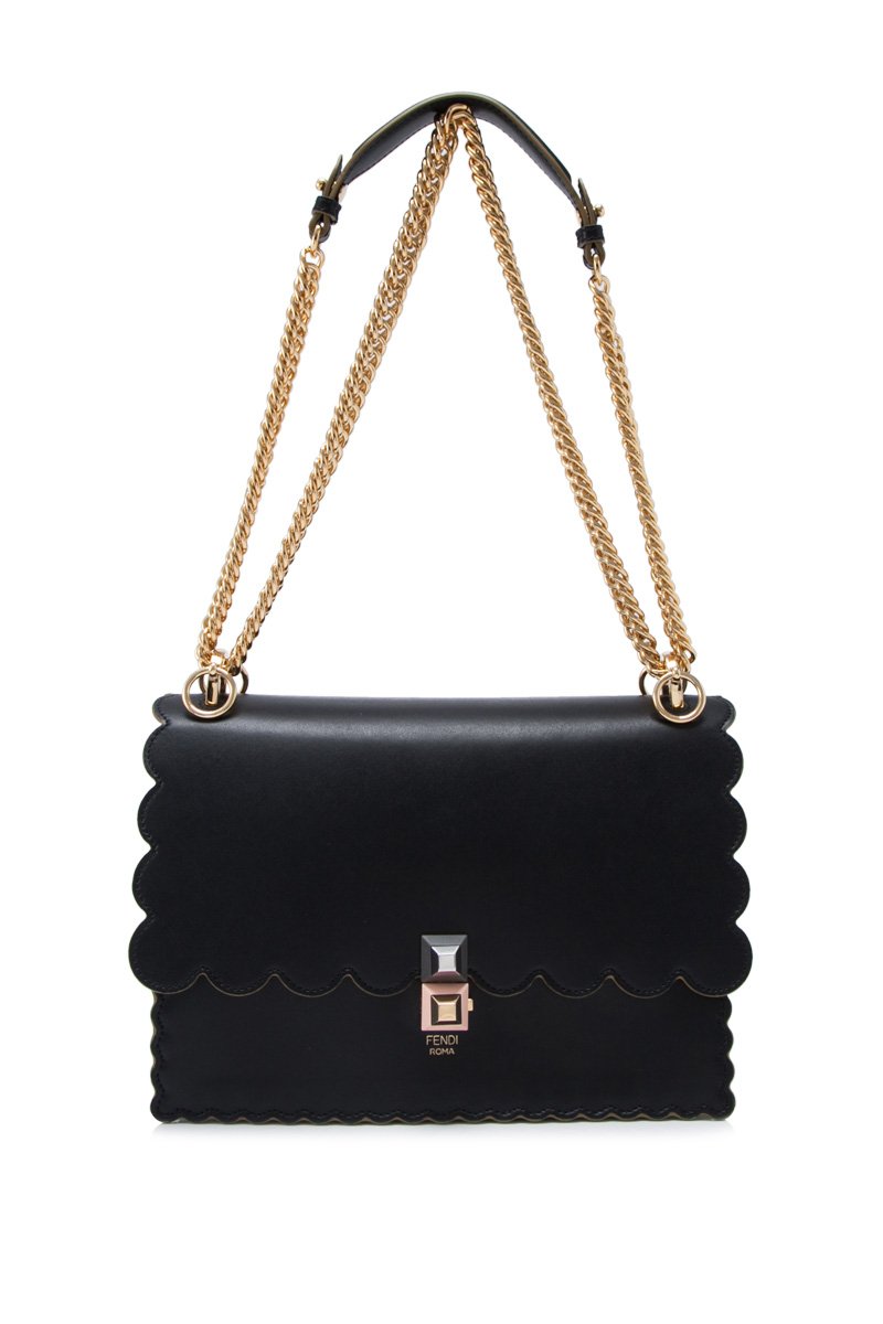 Fendi Kan I 8BT283 - Bolso de hombro con tachuelas de piel de becerro negra y cadena dorada, Negro, Large
