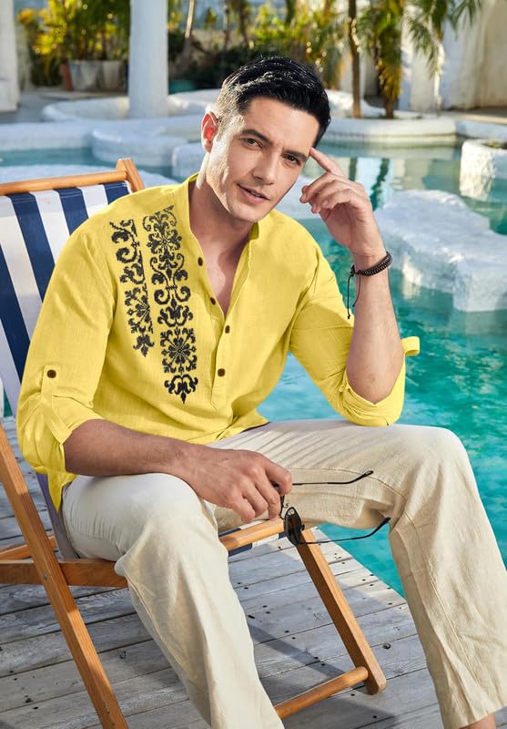 Image of Macsivo Cotton Blend Solid Casual Short Kurta for Men Long Sleeve Mandarin Collar Stylish Shirt Kurta for Men