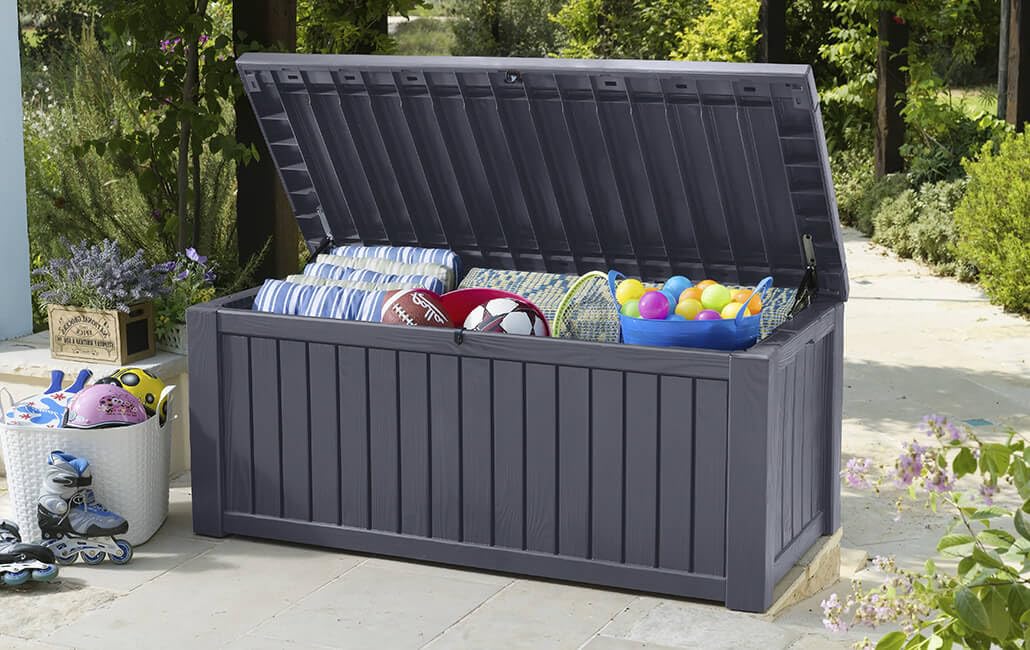 Keter Kissenbox Rockwood, graphit, 570l Fassungsvermögen, Außenmaße: 155 x 72,4 x 64,4 cm, Auflagenbox wasserdicht, für Outdoor geeignet, Keterbox