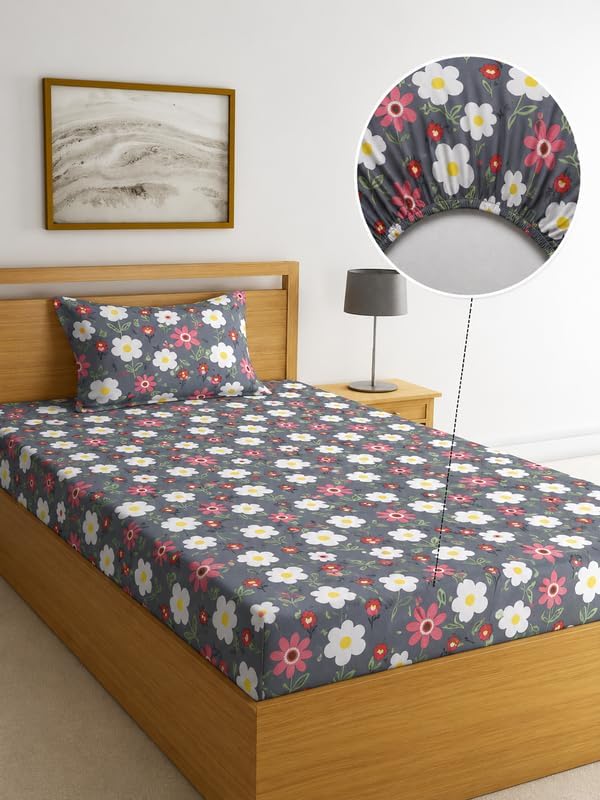Image of la' amour 240 TC Cotton Fitted Single Bedsheet with 1 Pillow Cover | Elastic Bed Sheet | Soft Breathable Skin-Friendly Fabric | All Season Comfort | 36 x 72 + 6 Inches Daisy Charcoal