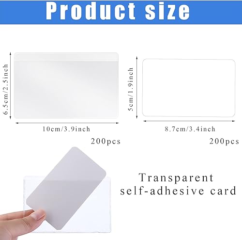 Miniatura 2 de 200 bolsillos autoadhesivos para tarjetas de índice con apertura superior con 200 tarjetas de visita en blanco, funda protectora de plástico