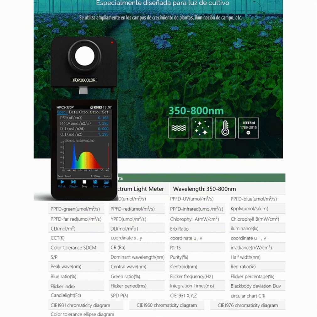 Espectrómetro PPFD PAR Meter HPCS-330P Medidor de Luz Analizador Medidor de Iluminancia 350-800 nm Conexiones Inalámbricas