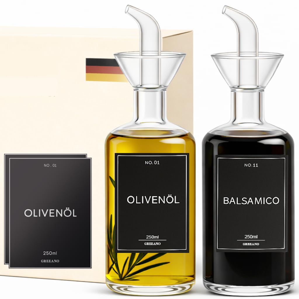 Ölflasche aus Glas 250ml [2er Set] – Tropffrei & auslaufsicher – Olivenöl Flasche mit Ausgießer & 18 schwarzen Etiketten – Öl und Essig Spender, leicht zu reinigen – Ölspender Glas