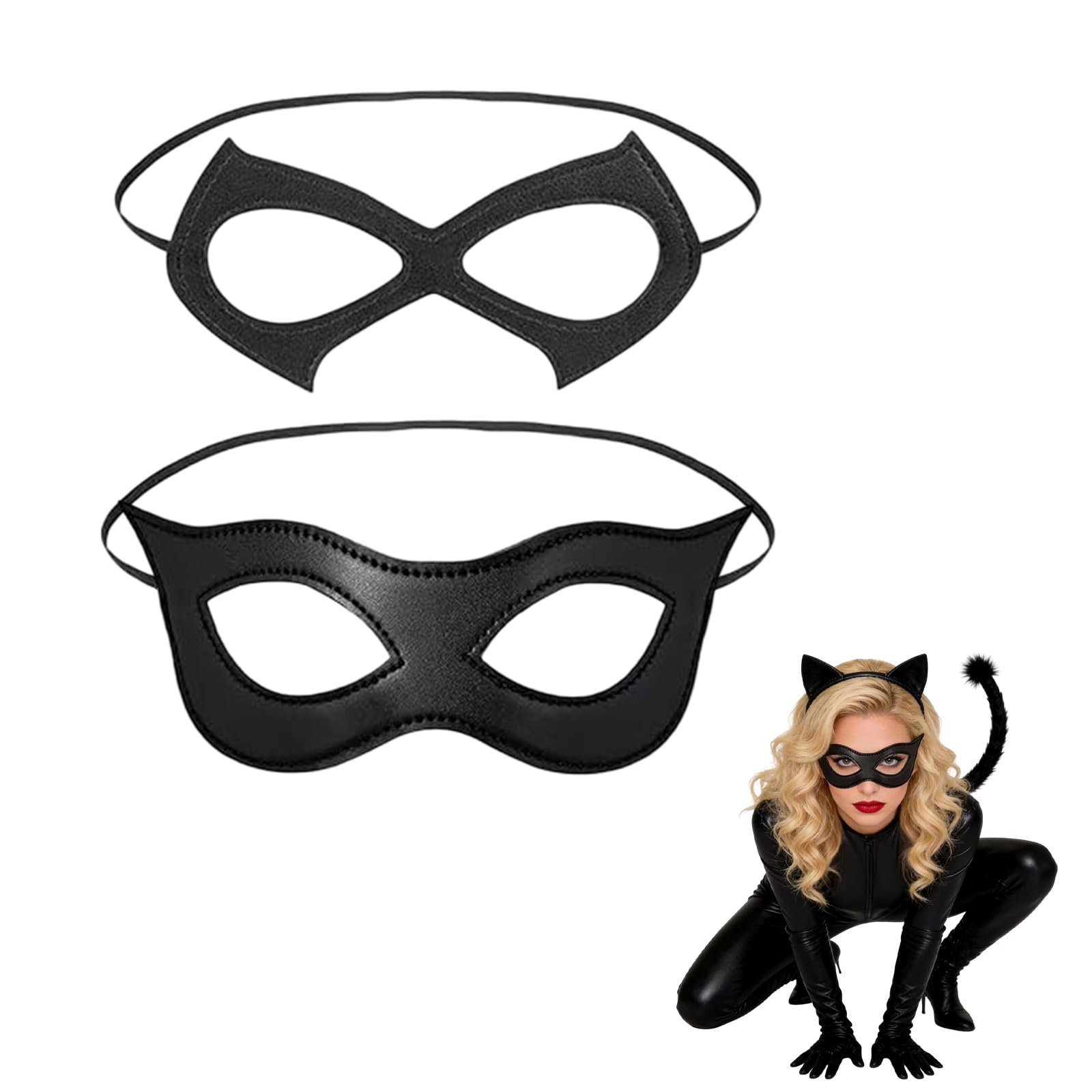 JWJDSAK Cat Mask for Women - 2 PCS Adjustable PU Leather Masquerade Mask, Sexy Halloween Half Face Mask for Mardi Gras, Cosplay & Costume Party Accessories