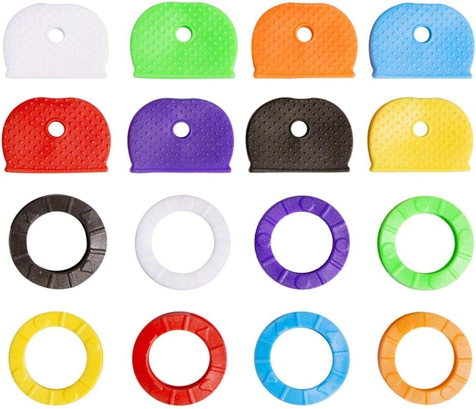 Key Caps Tags Covers, 16 Pack Key Cap Key Rings, Plastic Key Identifier Ring Label ID in 2 Different Style 8 Colors + 4 Key Rings + 1 Keychain Hook Perfect Coding System to Identify Your Small Key