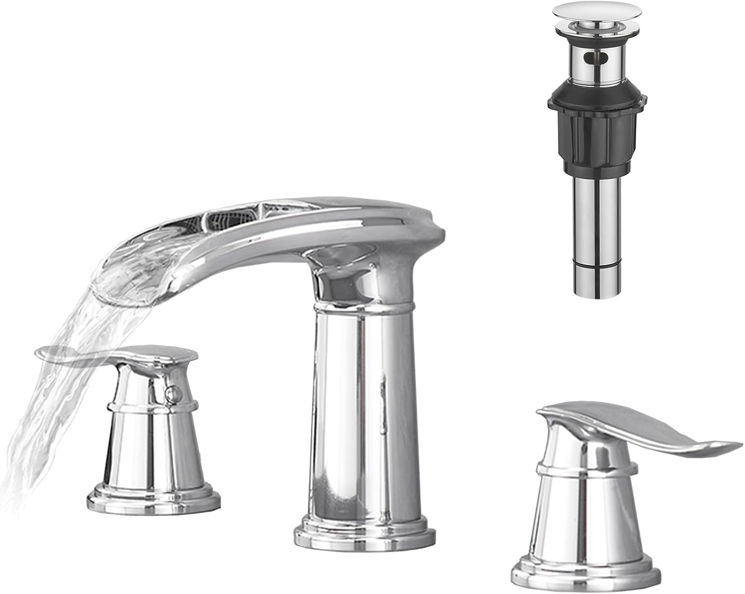Bathroom Faucet 3 Hole, Waterfall Bathroom Sink Faucet with 2 Handle, 8 Inch Widespread Faucet, Polished Chrome Finish