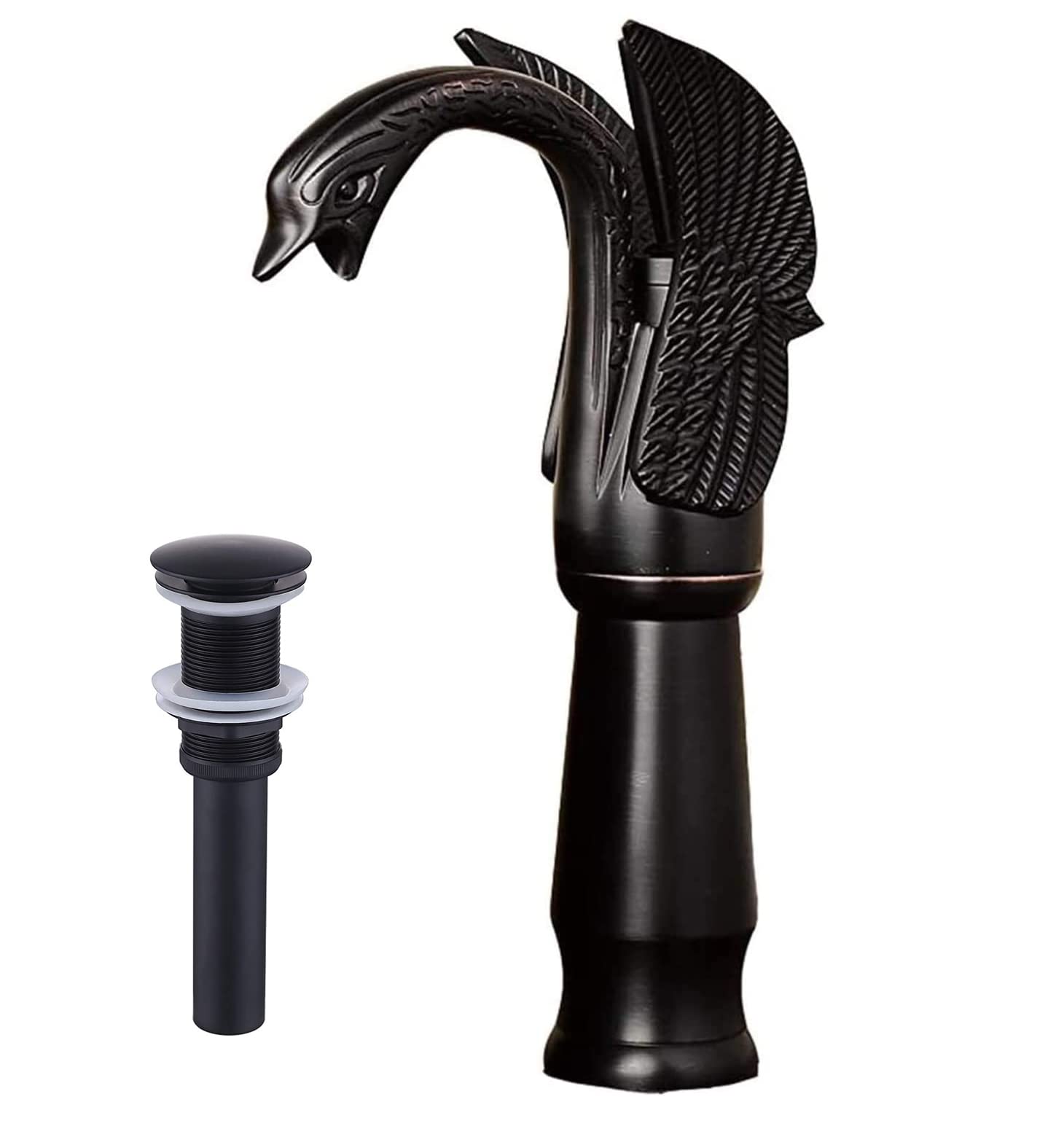 Rubinetto per lavabo da Bagno Swan, Finitura Bronzo Anticato, Alto, monocomando, Foro Singolo, beccuccio aeratore, piletta di Scarico a Scomparsa Nera Abbinata, Senza troppopieno.