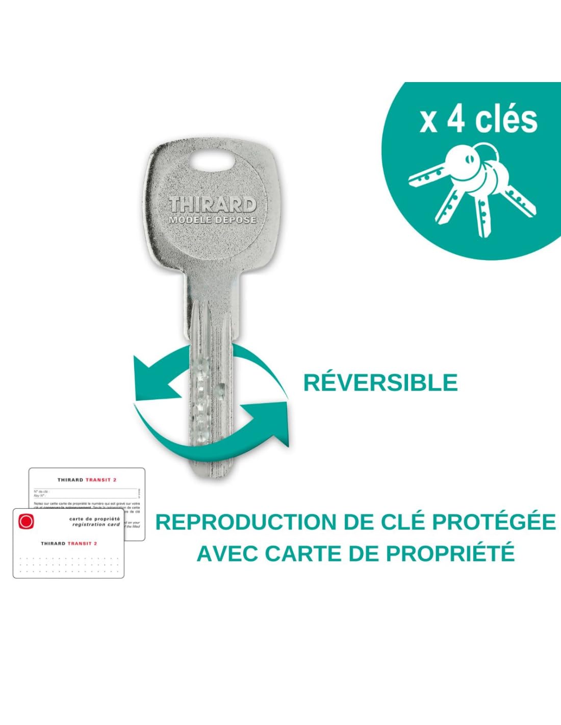 Cerradura de botón de alta seguridad, sistema de cierre eficiente, acero sellado, cilindro de 45 mm, 4 llaves planas de latón, placa de blindaje, cabujón de cilindro, puerta de entrada, THIRARD
