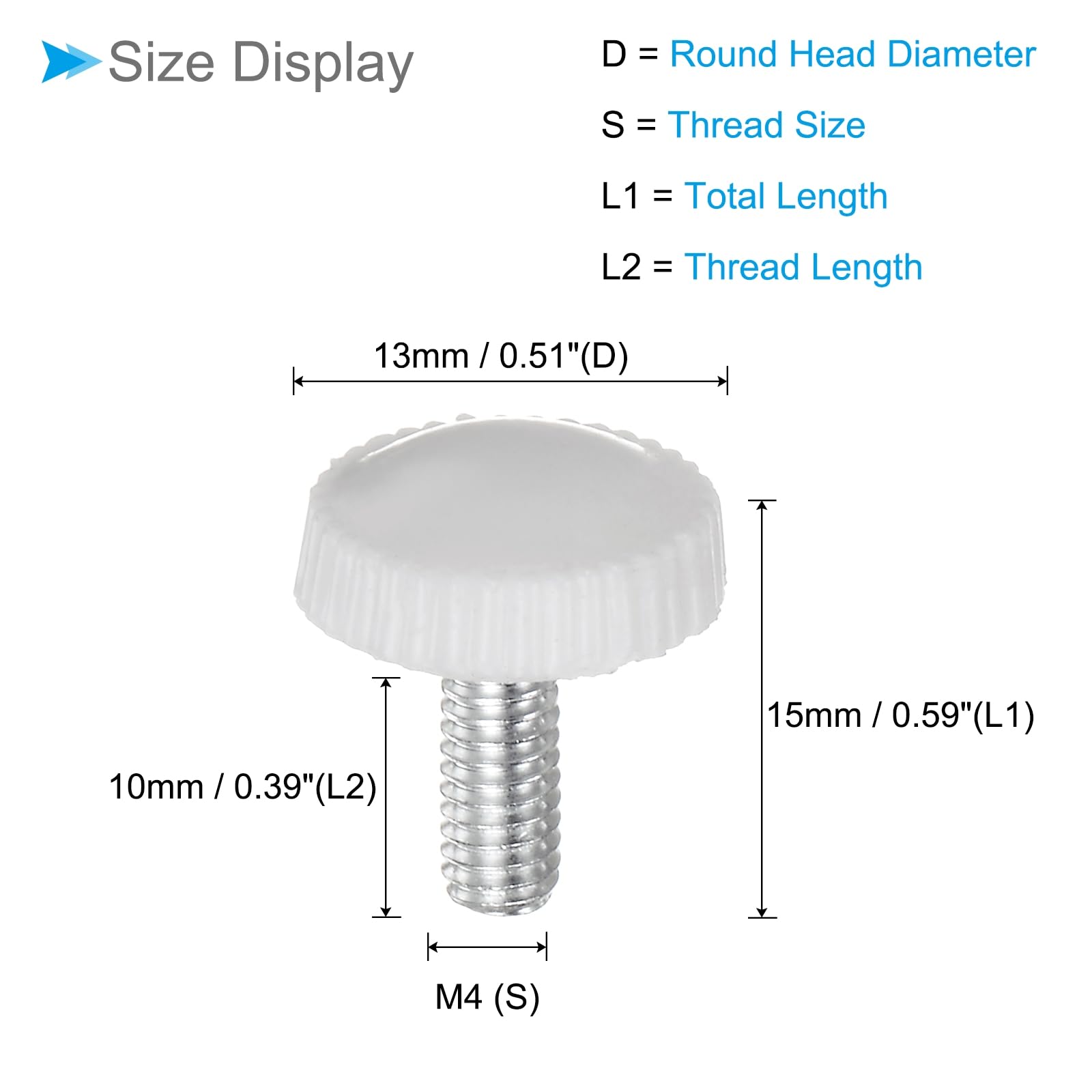 CoCud Thumb Screw Knurled Knobs, M4 x 10mm Male Thread, White Round Head Clamping Screw Threaded Stud Hand Knobs Grip, (Applications: for Machinery Lathes), 20-Pieces