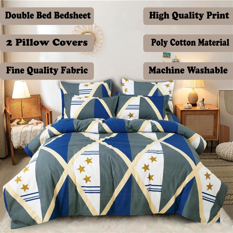Image of Polycotton Double Bed Bedsheet, Flat Sheet with 2 Pillow Covers, Queen (90x100 inch), 300 TC, Blue & Cream, Set of 3