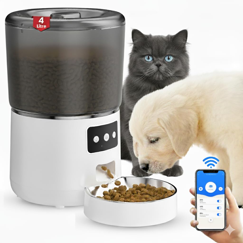 – AUQO WiFi Automatic Cat & Dog Feeder 4L Food Container Timed Pet Food Dispenser with Programmable Portion Control Remote APP Control 10s Voice Recorder and Clog-Free Design for Small to Medium Pets