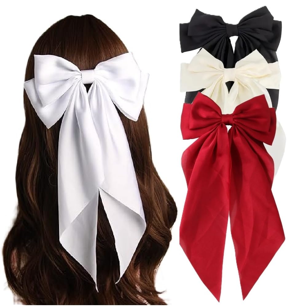 Starvis Satin Hair Bows with Big Ribbon Clips, Vintage Styled Bows for Women and Girls Hair Bow Women Satin Silky Layered Hair Barrettes French Style Gift for Girls