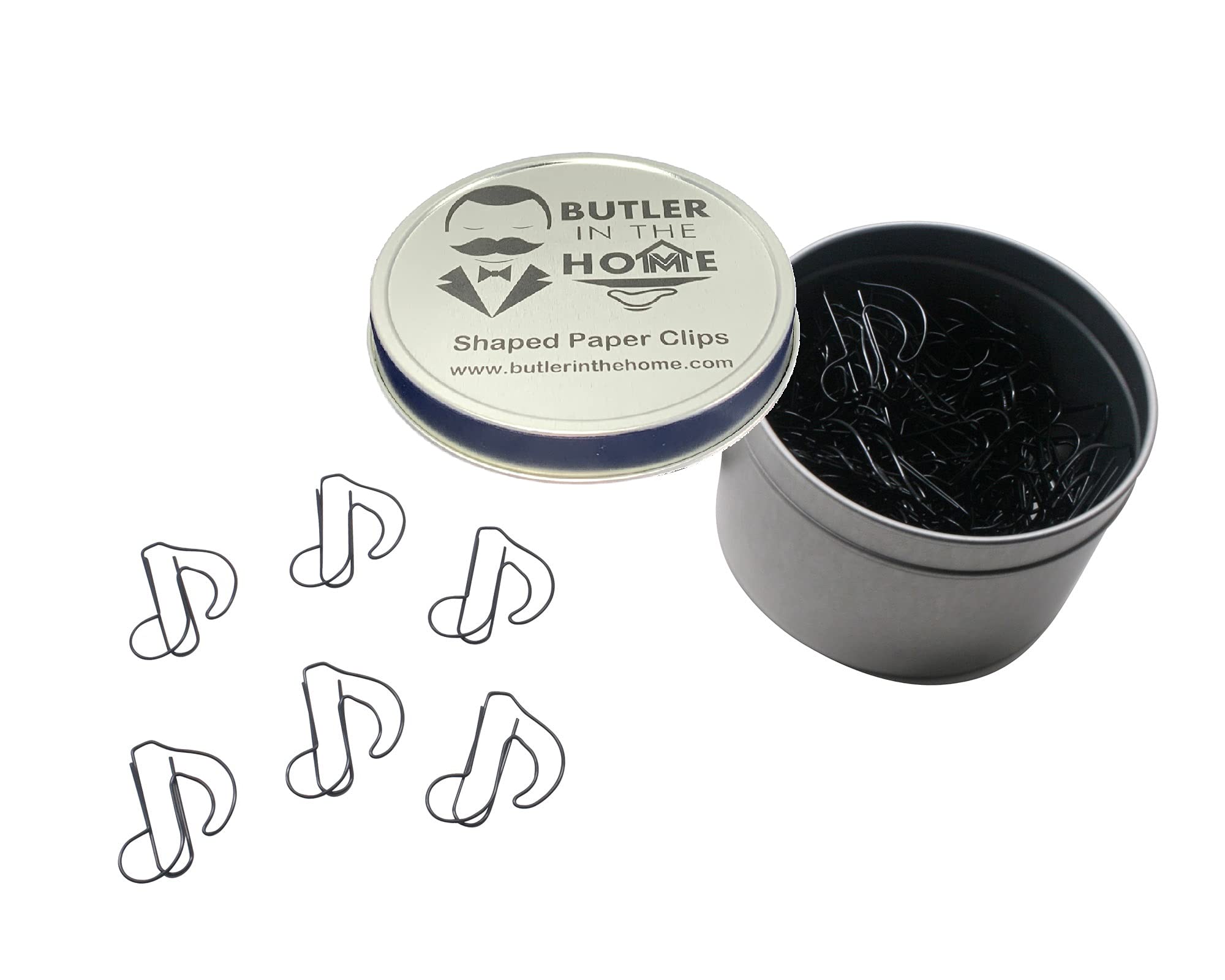 Butler in the Home 100 Count Music Note Shaped Paper Clips Great for Paper Clip Collectors or Office Gift - Comes in Round Tin with Lid and Gift Box (
