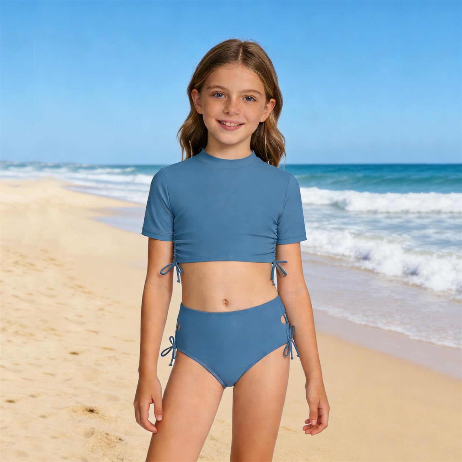 Maillot de bain fille deux pièces pour filles 6-14 ans, haut court à manches courtes et slip assorti, design sportif, tissu anti-uv, parfait pour la natation et les activités aquatiques