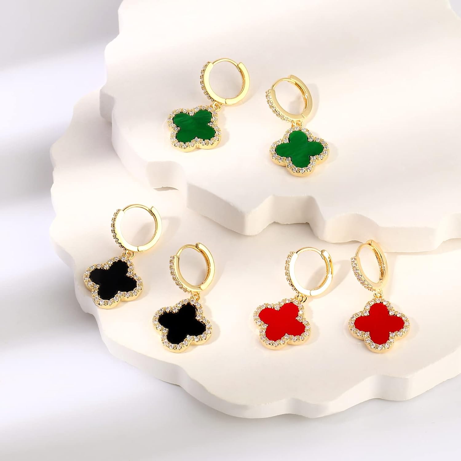 Gold Dangle Earrings, 14K Gold Plated Small Huggie Hoop Earrings with Clover Charms, Dainty Drop Dangle Earrings for Women - Image 5