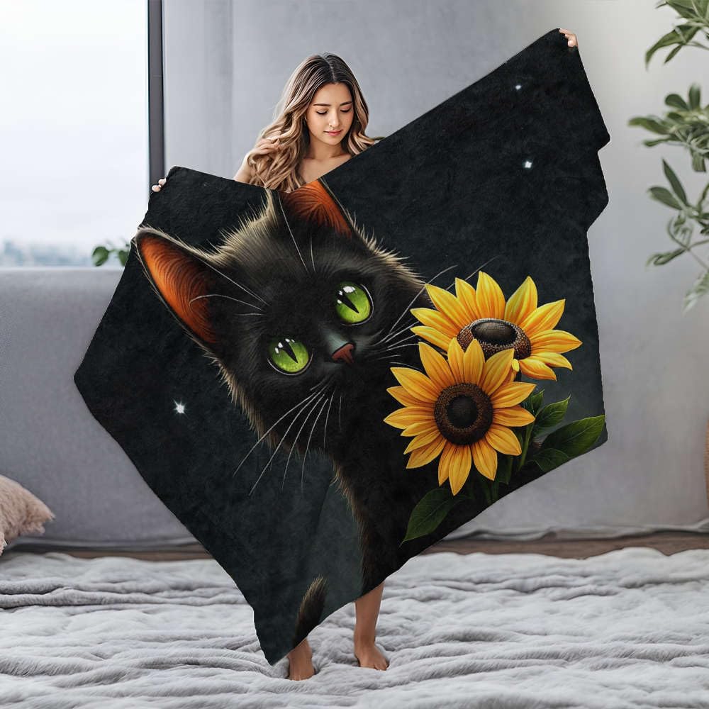 Couverture pour maman chat noir aux yeux verts plaid flanelle 150x200