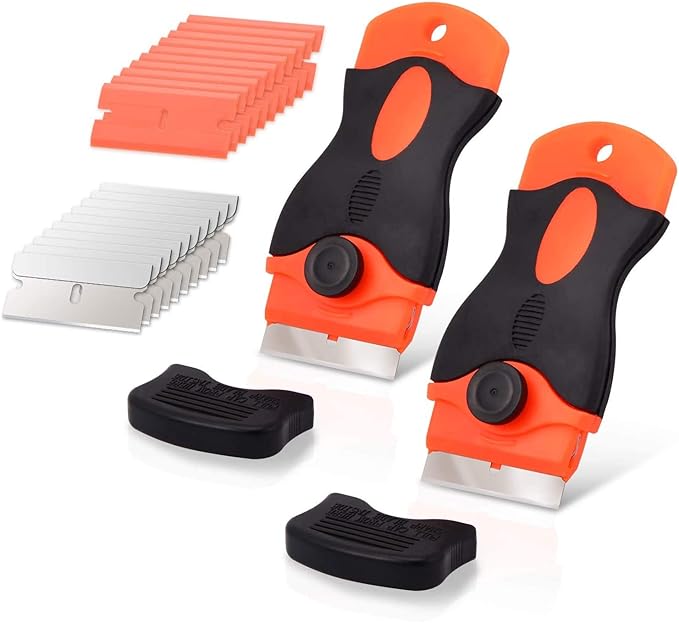 Ehdis 2 PCS Grattoir Plaque Vitrocéramique avec 10 raclettes de en Plastique +10 pièce Lames Métallique, Grattoir vitrocéramique pour enlever Les étiquettes, Orange