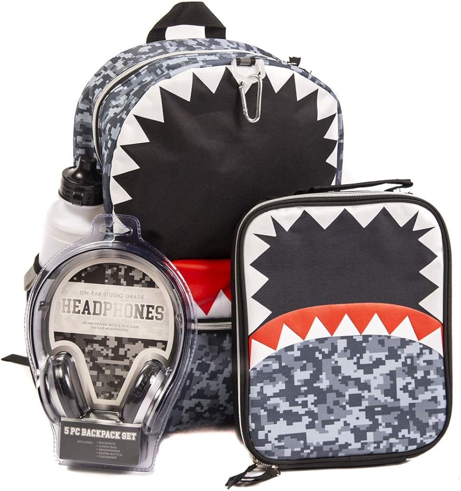 Shark Backpack Set for Kids w/ Shark Lunch Box, Headphones